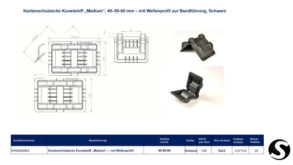 Kantenschutzecke Kunststoff „Medium“, 40–50-60 mm – mit Wellenprofil zur Bandführung, Schwarz